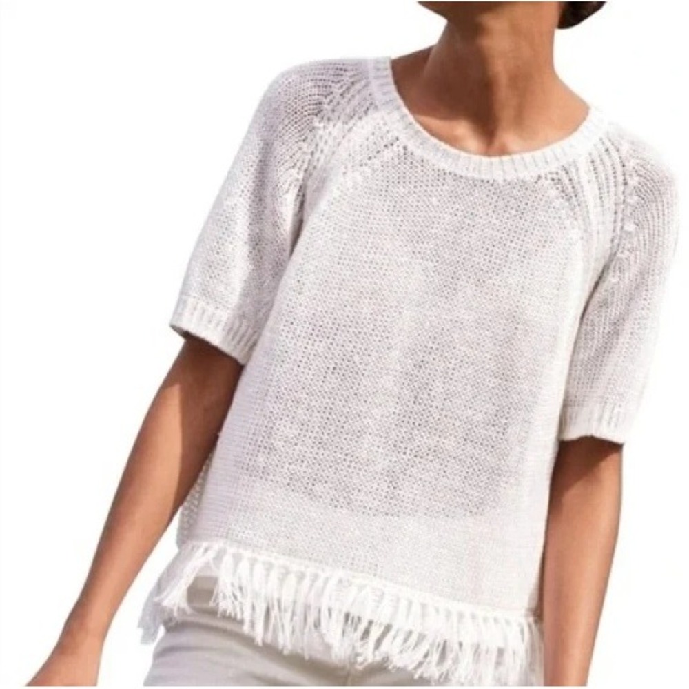 J. Crew White Crewneck Fringe Hem Sweater
